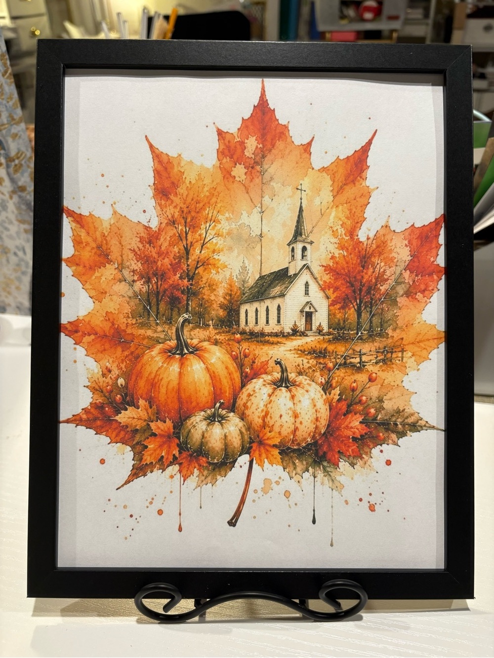 Framed Autumn Watercolor-Type Church and Pumpkin Print 8x10